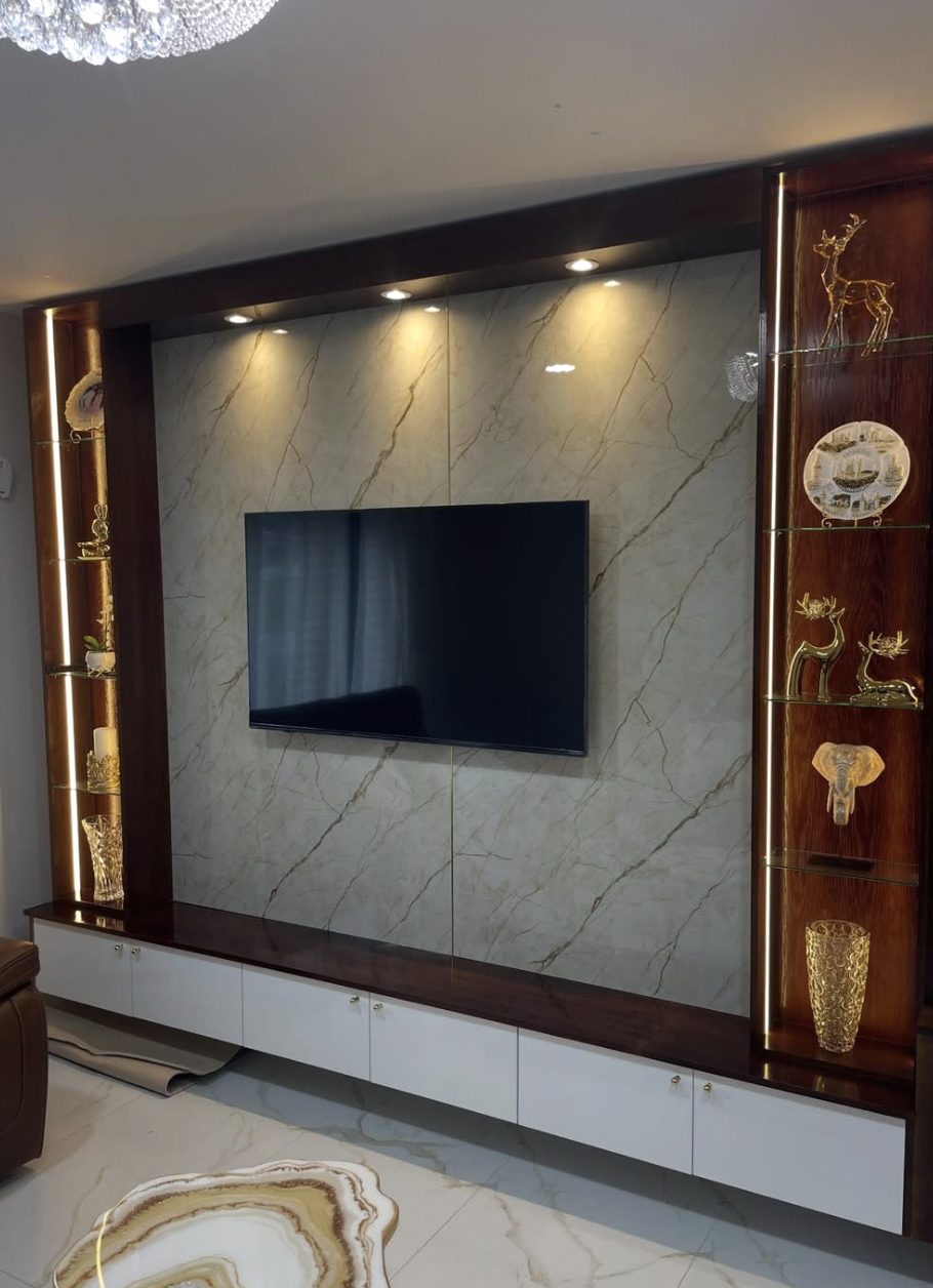 Marble feature wall with accent lighting by Russell Electrical