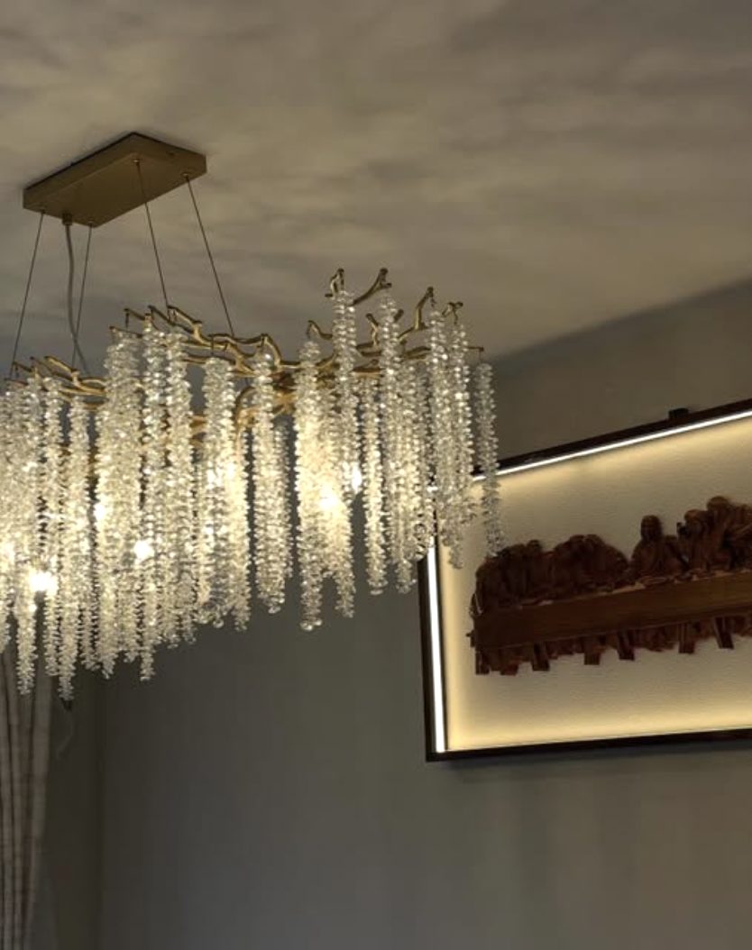 Statement crystal chandelier installation